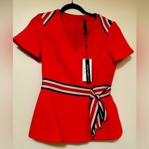 Karen Millen “limited edition” red blouse shirt top ribbon trim size US 6 NWT